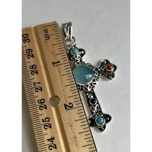 Handcrafted Agate Cut Gemstone Cross 925 Sterling Silver - Picture 3 of 16